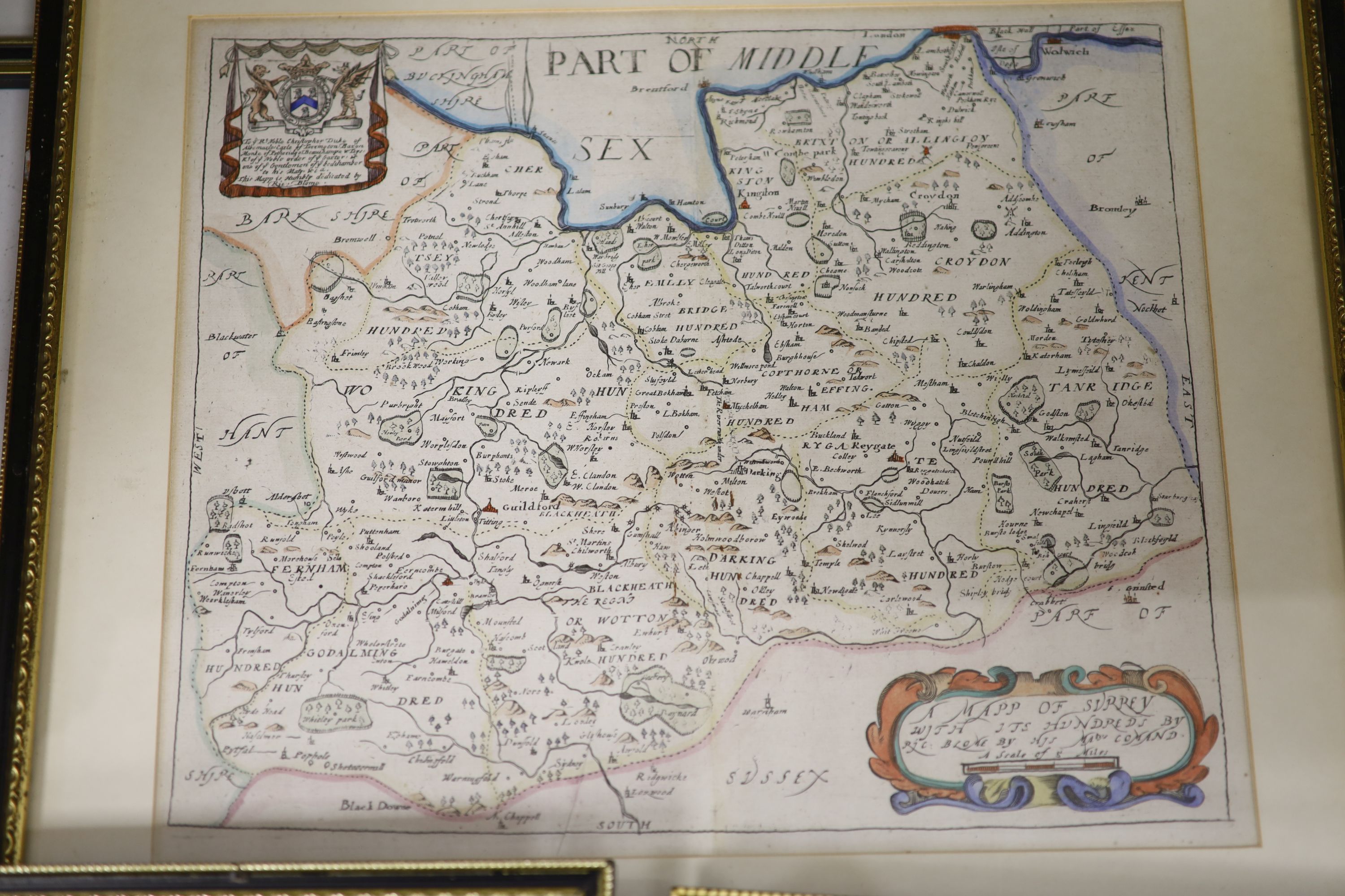 A Blome engraved Map of Surrey, 27 x 32cm, two other maps and engraving of Lantony Abbey